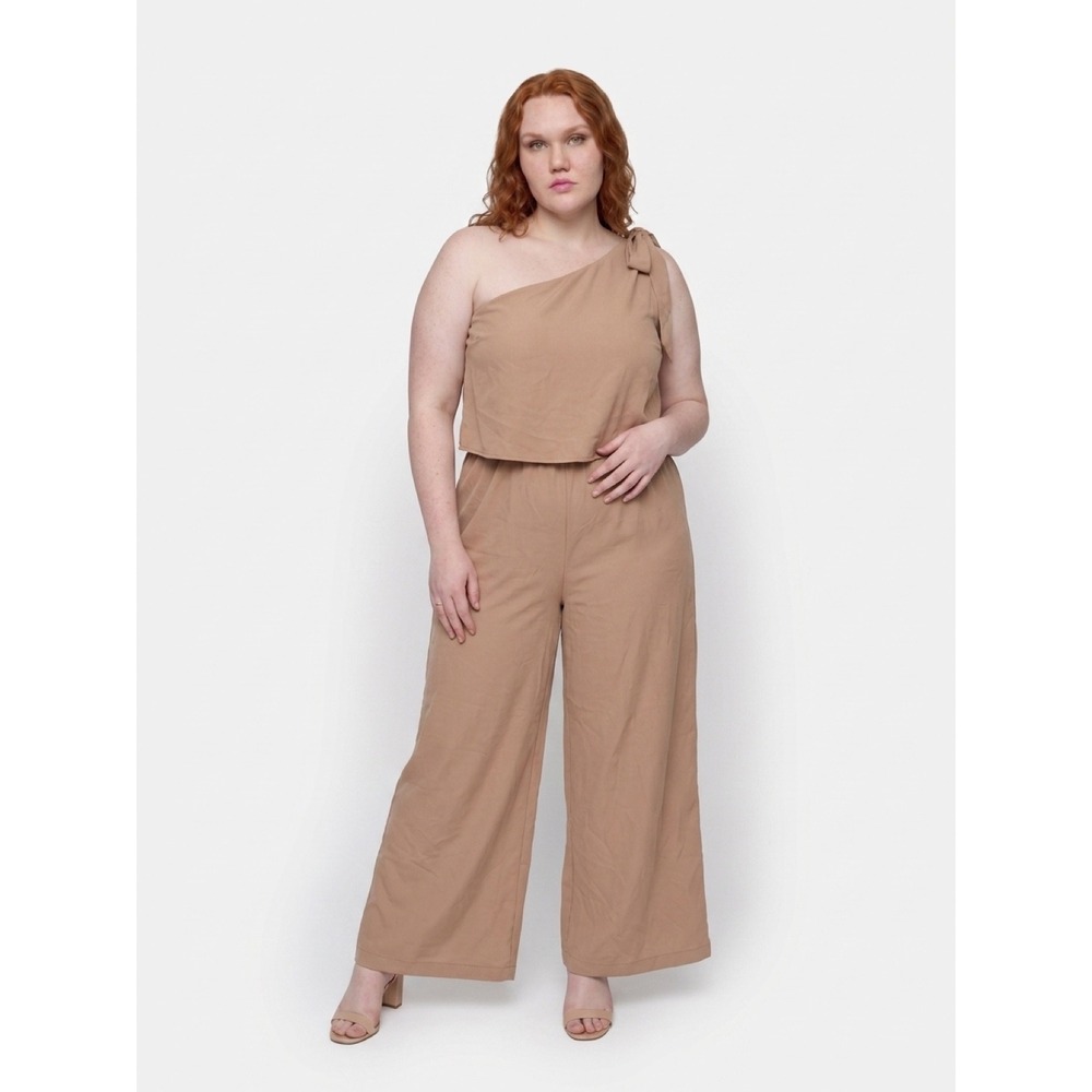 BTFBM Women's One Shoulder Wide Leg Jumpsuit Camel Tan Tie Shoulder XL NWT - Picture 2 of 7